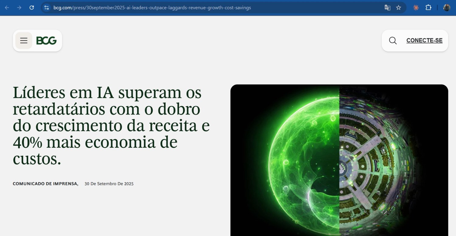 Manchete BCG: Líderes em IA superam os retardatários com o dobro do crescimento da receita e 40% mais economia de custos.