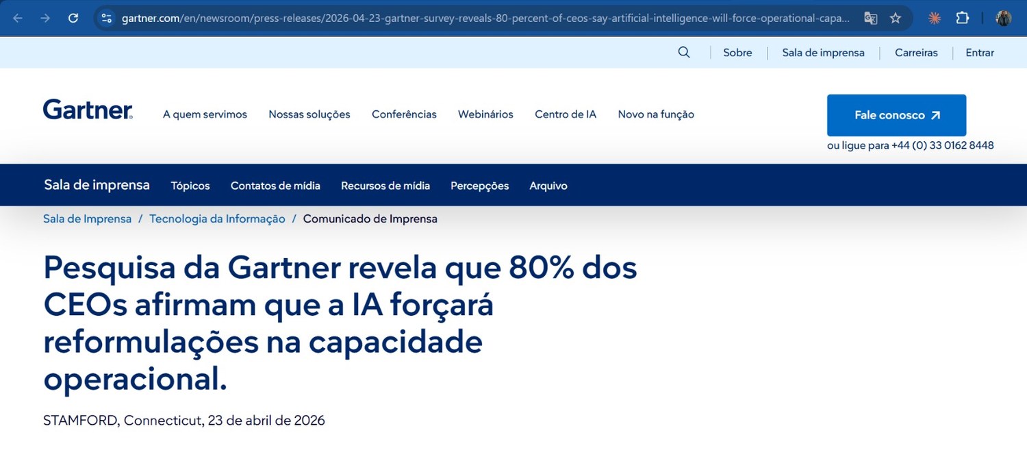 Manchete Gartner: 80% dos CEOs afirmam que a IA forçará reformulações na capacidade operacional.